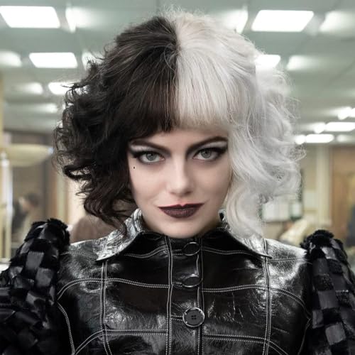 PORSMEER Halb Schwarz Halb Weiß Perücke Damen Kurz Lockig gewellt Haar mit Pony Cosplay Wig Bob Perücke für Halloween Karneval und Party Fancy Dress von PORSMEER