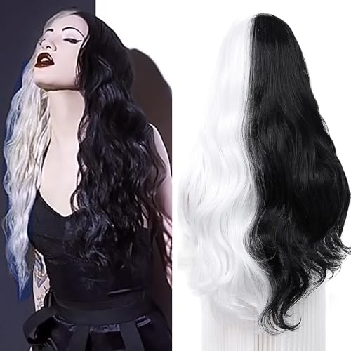 PORSMEER Halb schwarze halb weiße Perücke Lange gelockte gewellte Mittelscheitel Synthetische hitzebeständige Perücke für Frauen/Mädchen Kostüm Halloween Wig von PORSMEER
