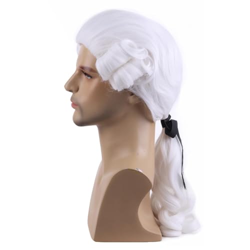 PORSMEER Herren Barock Perücke mit Zopf Beige Richter Perücke Rokoko Lockig Marquis Perücke für Faschings Halloween, Lange Welle Weiß Perücke Washington Kostüm Cosplay Wig(Weiße) von PORSMEER
