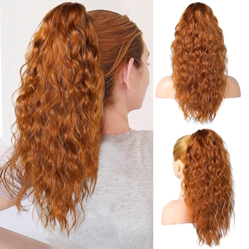 PORSMEER Pferdeschwanz Haarteil Ponytail Extensions Orange Strähnchen mit klammer 45cm Lange Gewellte Lockige Haarverlängerung Zopf Clip in Klaue Natürlich Kunsthaar Haarteil für Frauen von PORSMEER