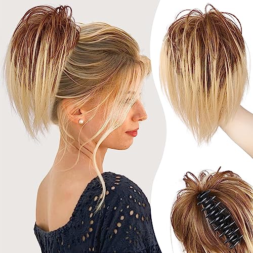 PORSMEER Pferdeschwanz Extensions mit Klammer Kurz Gerades Haargummi Clip in Haarteil Ponytail Natürliches Kunsthaar Haar Haarverlängerunge Messy Bun blond mit braun für Damen Mädchen von PORSMEER