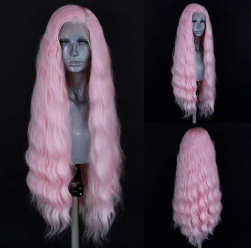 PORSMEER Lace Front Perücke Lang Lockige Gewellte Perücke für Damen 13x4 Lace Front Glueless Wig natürlichem Haaransatz Hitzebeständiges Kunsthaar (Rosa) von PORSMEER