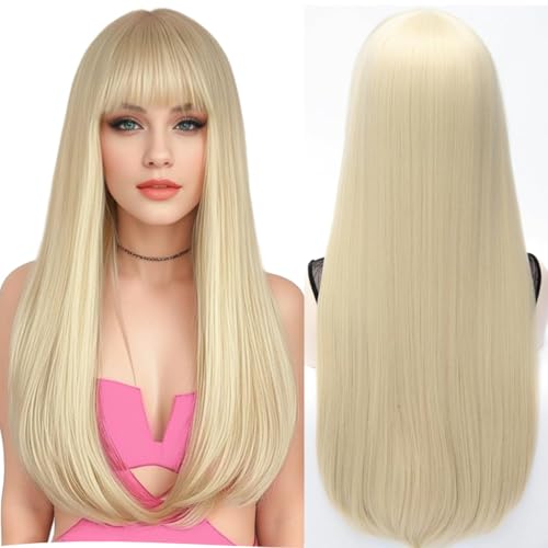 PORSMEER Lange Gerade Glatt Blond Perücken mit Pony für Frauen Natürliche Kunsthaar Halloween Perücke für Tägliche Party Cosplay Verwendung 70 cm von PORSMEER
