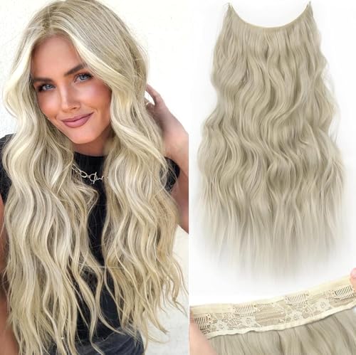 PORSMEER Lange Gewellt Haarverlängerung mit Gummiband Blond,Invisible Secret 4 Clips in Hair Extensions Synthetik Haare Unsichtbarem Haarteile für Frauen,50 cm(Dunkelgoldene Mix Beigeblond) von PORSMEER