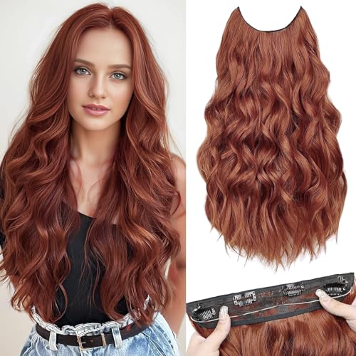 PORSMEER Lange Gewellt Haarverlängerung mit Gummiband kupfer,Invisible Secret 4 Clips in Hair Extensions Synthetik Haare Unsichtbarem Haarteile für Frauen,50 cm(kupferbraun) von PORSMEER