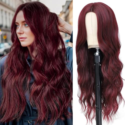 PORSMEER Lange Gewellte Weinrot Perücken für Frauen Synthetische Lockige Haarperücken Hitzebeständige Faser Natürlich Burgundy Rot 99J Perücken Mittelscheitel für Damen 26inch PORSMEER Lange Gewellte Weinrot Perücken für Frauen Synthetische Lockige Haarperücken Hitzebeständige Faser Natürlich Burgundy Rot 99J Perücken Mittelscheitel für Damen 26inch von PORSMEER