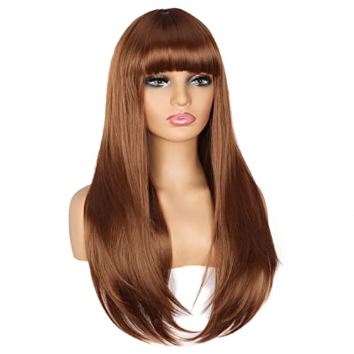 PORSMEER 70cm Lange Gerade glatt Cosplay Auburn braune Perücken mit Pony für Frauen Natürliche Kunsthaar Wig für Karneval/Fasching Halloween Kostüm Party von PORSMEER