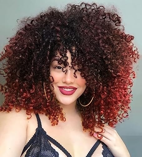 PORSMEER Afro Perücke Damen Natürliche Volle flauschig Haar Kinky Curly Bob Wig mit Pony für frauen, Lockige Synthetische Perücke für party cosplay täglich Schwarzer Mix kupferrote,14inch von PORSMEER