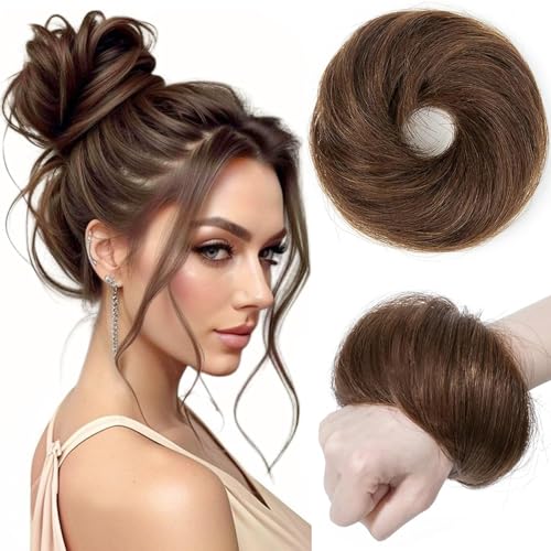 PORSMEER Mittelbraun 30g 100% Echthaar Haarteil Mit Gummiband,Natürliche Unordentlich dutt extensions echthaar Haarteil Haargummi Hochsteckfrisuren unordentlicher Haarverlängerung für Damen Mädchen 4# von PORSMEER