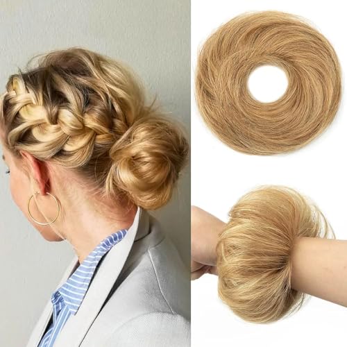 PORSMEER Aschblond 30g 100% Echthaar Haarteil Mit Gummiband,Natürliche Unordentlich dutt extensions echthaar Haarteil Haargummi Hochsteckfrisuren unordentlicher Haarverlängerung für Damen Mädchen 27# von PORSMEER