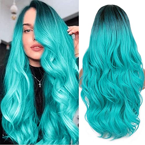PORSMEER Ombre Schwarz Cyan Lang Locken Perrucke für Frauen,Natürliche Teal Cyan Synthetische Haar Cosplay Tägliche Party Wig Bluish Green von PORSMEER