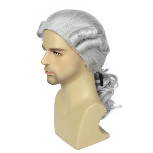 PORSMEER Herren Barock Perücke mit Zopf Silbergrau Richter Perücke Rokoko Lockig Marquis Perücke für Faschings Halloween,Lange Welle grau Perücke Washington Kostüm Cosplay Wig von PORSMEER