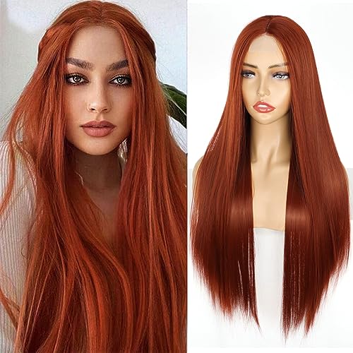 PORSMEER Kupfer Rot Perück Lang Glatt Gerade Perücken für Frauen/Mädchen/Afro Natürliche Kunsthaar Mittelteil Lace-Haaransatz Perücke Party/Kostüm Ginger Orange Wig (Auburn) von PORSMEER