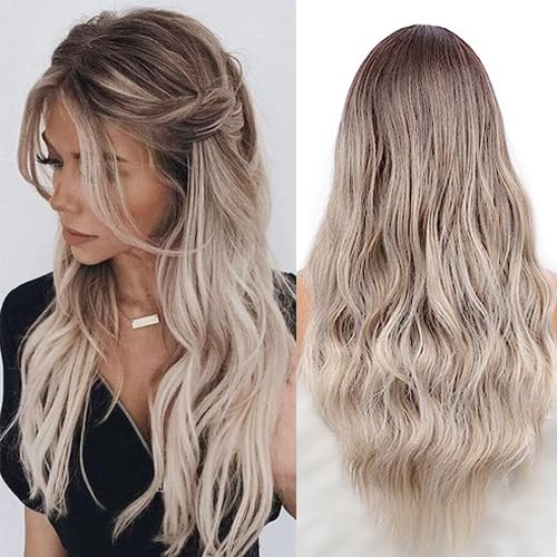 PORSMEER Perücke Braun Blond Damen Lang Locken Perrucke für Frauen/Mädchen/Afro Natürliche Dunkle Wurzel Mittelteil Ombre Wig Party/Kostüm von PORSMEER