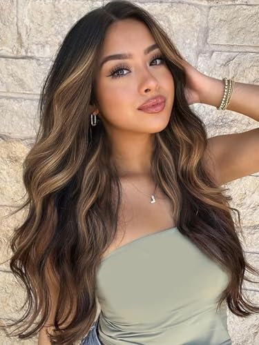 PORSMEER Perücke Damen Dunkelbraun Lang Locken Perrucke Natürliche Perücken für Frauen Cosplay Wig Kostüm Party (Dunkelbraun mit blond) von PORSMEER