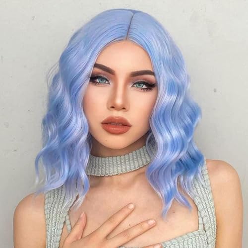 PORSMEER Perücke Damen Kurze Bob Locken für Afro/Frauen/Mädchen Natürliche Mittelteil Haar Perücke Party/Kostüm Ohne Lace Front Wig (Hellblau) von PORSMEER