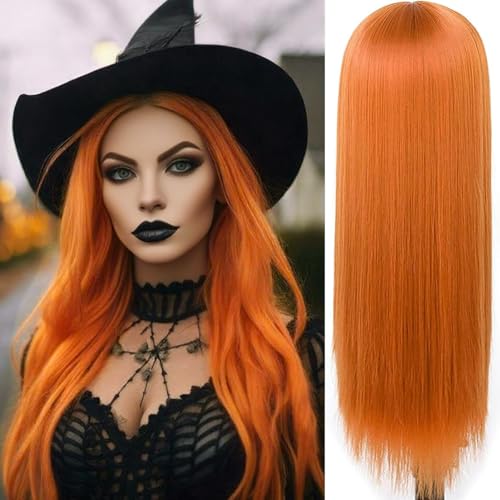 PORSMEER Perücke Damen Lang Glatt Gerade Perücken für Frauen/Mädchen Synthetische Haarperücke Party/Kostüm Wig (Orange) von PORSMEER