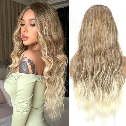 PORSMEER Perücke Damen Ombre Blond Lang locken Gewellt Natürliche Kunsthaar Wig mit Mittelscheitel für Frauen/Mädchen Täglich Kostüm Fasching Cosplay Party Wig von PORSMEER