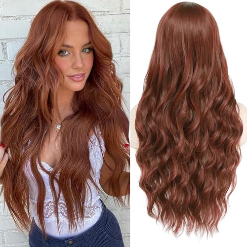 PORSMEER Perücke Damen kupferrot Lang locken Gewellt Natürliche Kunsthaar Wig mit Mittelscheitel für Frauen/Mädchen Täglich Kostüm Fasching Cosplay Party Wig von PORSMEER