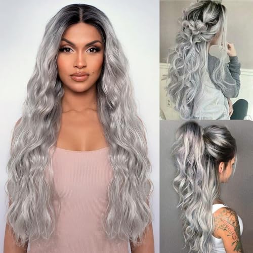 PORSMEER Perücke Grau lange gewellt Ombre grau Mittelteil Perücke Frauen dunkle Wurzeln, lockiges synthetisches hitzebeständiges Haar, für Halloween/Party/Cosplay (28 Zoll) (Silberne graue Perücke) von PORSMEER