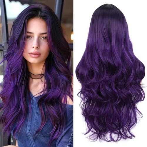 PORSMEER Perücke Lang locken Gewellt Natürliche Synthetische Haar Lila Wig Perücken für Frauen/Mädchen alltagstauglich Cosplay Kostüm Fasching Party von PORSMEER