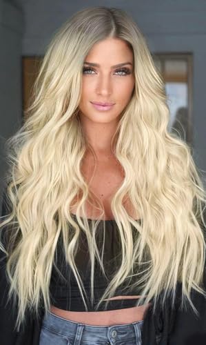 PORSMEER Perücke Lang locken Gewellt Natürliche Synthetische Haar Wig Perücken für Frauen/Mädchen alltagstauglich Cosplay Kostüm Fasching Party (Weißblond mit dunkler Wurzel) von PORSMEER