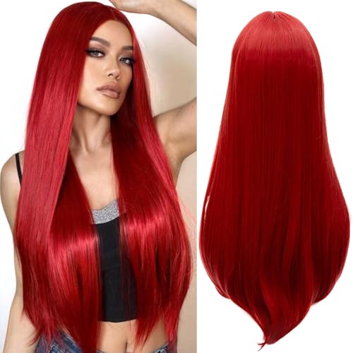 PORSMEER Perücke Rot Lang Glatt Gerade Perücken für Frauen/Mädchen Cosplay Kostüm Halloween Perücke Synthetische Haarperücke Party/Sally Wig von PORSMEER