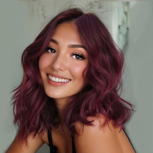 PORSMEER Perücke Rot Kurzer Bob Gewellt Lockig Perücken für Frauen Natürliche Synthetische Haar Perücke mit Lace Mittelteil für Party/Kostüm von PORSMEER