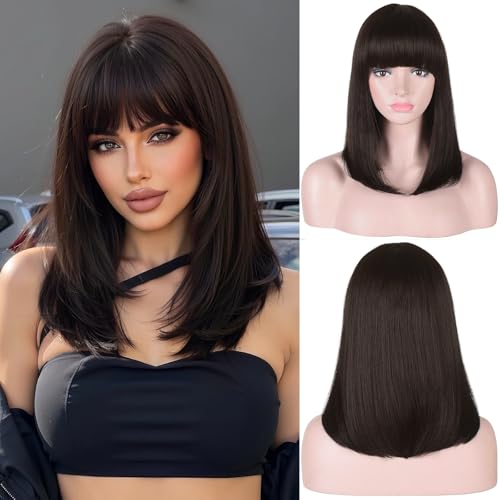 PORSMEER Perücke Schulterlang Gerade Glatt Perücke bob Dunkelbraun Mittellang mit Pony für Frauen Mädchen Natürliche Kunsthaar für Karneval/Fasching Halloween Kostüm Party,38 cm von PORSMEER