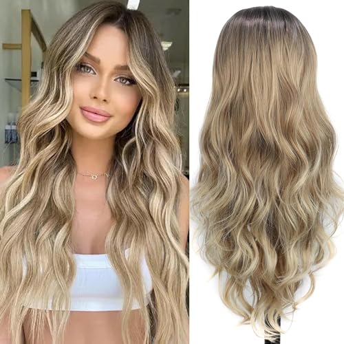 PORSMEER Perücken Lange Braun Blonde Natürliche Synthetische Haar,Locken Wavy Perücken Ombre wig Für Frauen Alltag Anime Cosplay Kostümparty Halloween Karneval von PORSMEER