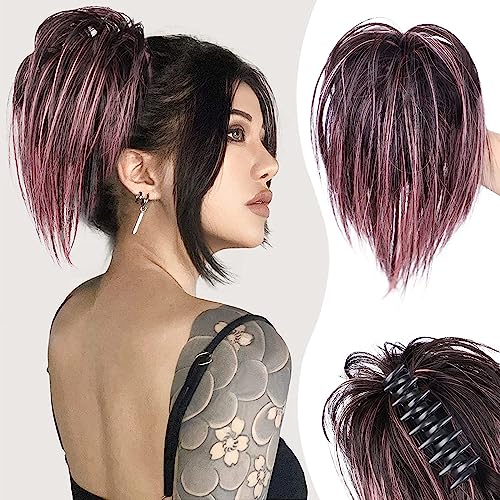 PORSMEER Pferdeschwanz Extensions mit Klammer Kurz Gerades Haargummi Clip in Haarteil Ponytail Natürliches Kunsthaar Haar Haarverlängerunge Messy Bun Ombre Pink für Damen Mädchen von PORSMEER