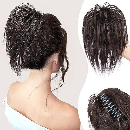 PORSMEER Pferdeschwanz Extensions mit Klammer Kurz Gerades Haargummi Clip in Haarteil Ponytail Natürliches Kunsthaar Haar Haarverlängerunge Messy Bun braun für Damen Mädchen von PORSMEER