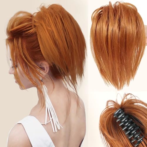 PORSMEER Pferdeschwanz Extensions mit Klammer Kurz Gerades Haargummi Clip in Haarteil Ponytail Natürliches Kunsthaar Haar Haarverlängerunge Messy Bun für Damen Mädchen von PORSMEER