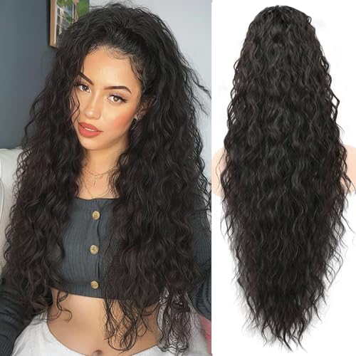 PORSMEER Pferdeschwanz Haarteil Lang 76 cm mit Kordelzug Wellig Locken Ponytail Extension schwarz Natürliches Clip in Haarteil Ponytail Kunsthaar Haarzopf für Damen Afro Zopf Haarverlängerunge von PORSMEER