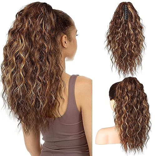 PORSMEER Pferdeschwanz Haarteil Ponytail Extensions Braun/Blond Strähnchen mit klammer 45cm Lange Gewellte Lockige Haarverlängerung Zopf Clip in Klaue Natürlich Kunsthaar Haarteil für Frauen von PORSMEER