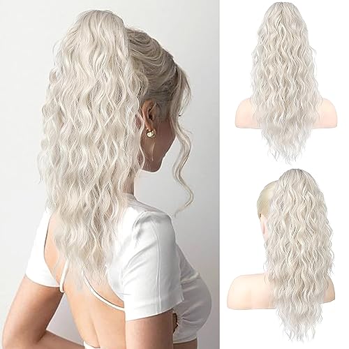 PORSMEER Pferdeschwanz Haarteil Ponytail Extensions platinblond Strähnchen mit klammer 45cm Lange Gewellte Lockige Haarverlängerung Zopf Clip in Klaue Natürlich Kunsthaar Haarteil für Frauen von PORSMEER