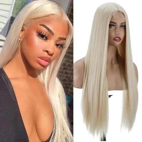 PORSMEER Platin Blond Perück Lang Glatt Gerade Perücken mit Spitze Mittelscheitel für Frauen/Mädchen Natürliche kunsthaar Perücke für den Alltag oder Kostüm,26 inch von PORSMEER