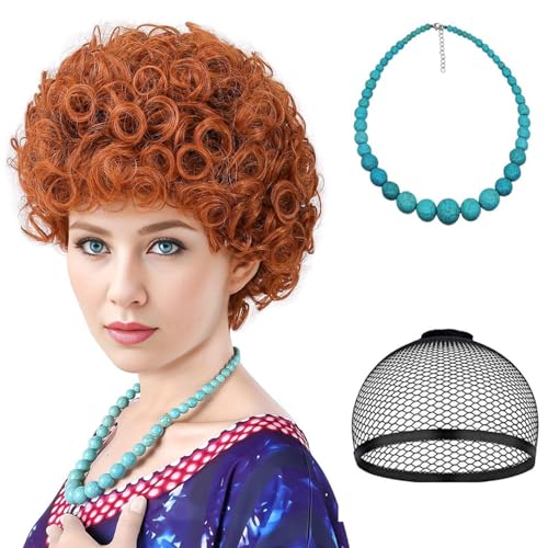 PORSMEER Rot Orange Lockenperücke für Frauen mit Halskette Landlady Kostüm Kurze Rötlich Orange Flauschige Kunsthaarperücken für Erwachsene Damen Cosplay Halloween Party von PORSMEER