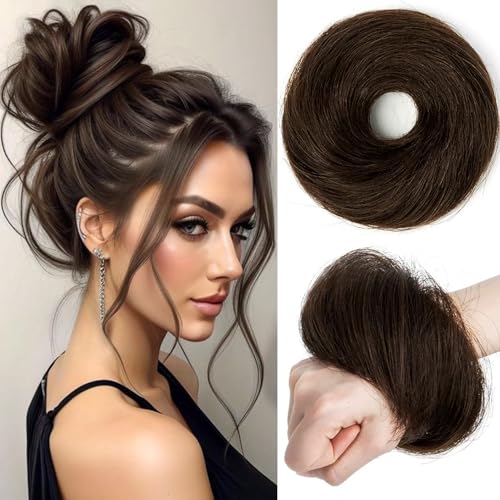 PORSMEER Schwarz-Braun 30g 100% Echthaar Haarteil Mit Gummiband,Unordentlich dutt extensions echthaar Haarteil Haargummi Hochsteckfrisuren unordentlicher Haarverlängerung für Damen Mädchen 2# von PORSMEER