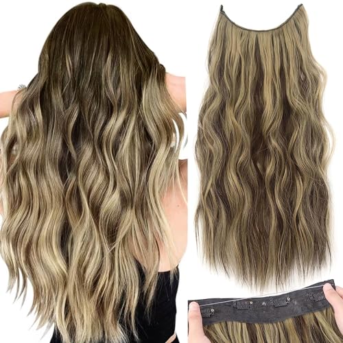 PORSMEER Secrets Haare Extensions Lange Gewellt Chokobraun mit Blond Highlight Haarverlängerung mit verstellbarem unsichtbarem Draht mit 4 sicheren Clips,Kunsthaar Haarteile für Frauen 50cm PORSMEER Secrets Haare Extensions Lange Gewellt Chokobraun mit Blond Highlight Haarverlängerung mit verstellbarem unsichtbarem Draht mit 4 sicheren Clips,Kunsthaar Haarteile für Frauen 50cm von PORSMEER