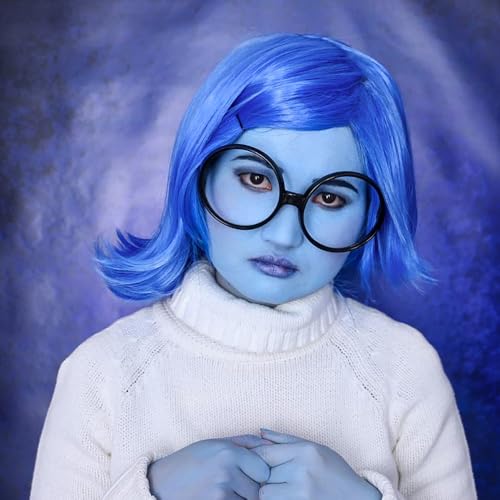 PORSMEER Traurigkeit Perücke Cosplay Blau Bob Perücke Frauen Traurigkeit Kostüm Kurze Blaue Perücke Traurigkeit Outfit Synthetische Perücke für Anime Cosplay Perücke für Halloween Party Kostüm Outfit von PORSMEER