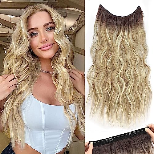 PORSMEER Secrets Haare Extensions Lange Gewellt Ombre Blond braun Haarverlängerung mit verstellbarem unsichtbarem Draht und 4 Clips,Kunsthaar Haarteile für Frauen damen 50cm von PORSMEER