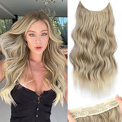PORSMEER Unsichtbare Draht-Haarverlängerungen mit transparentem Stirnband Einstellbare Größe 4 Sichere Clips Lange gewellte geheime Draht-Haarstück 20 Zoll für Frauen-braune Mischung Blond) von PORSMEER