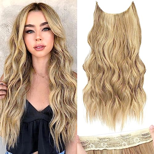 PORSMEER Secrets Haare Extensions Lange Gewellt wellen Natürliches braun mix blond Haarverlängerung mit Verstellbarem Unsichtbarem Draht und 4 Clips,Kunsthaar Haarteile für Frauen 50cm von PORSMEER