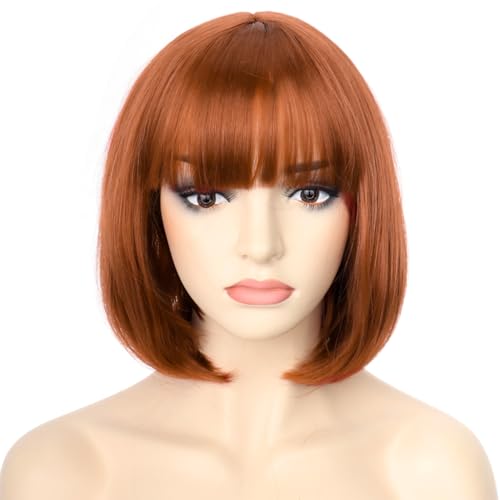 PORSMEER kupferbraun Kurz Gerade Bob Perücken Mit Pony für Frauen,Natürliche Synthetische Haar Perücken für Karneval/Fasching & Cosplay Halloween Party von PORSMEER