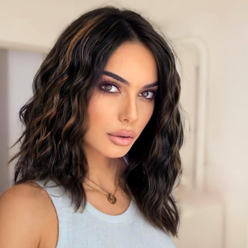 PORSMEER Lace Schwarz mit Braun Wellig Perücke Frauen,Länge der Schultern Natürliche Perücke mit Spitze Mittelscheitel Perücken Synthetik Kurz Bob Wellen Perücke damen Tägliches von PORSMEER
