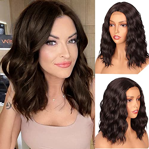 PORSMEER Perücke Braun Damen Kurze Bob Locken Perücken für Frauen Natürliche Synthetische Haare Mittelteil Kleines Stück Spitze Perücke Party/Kostüm Lace Front Wig von PORSMEER