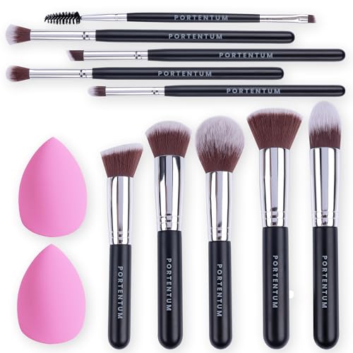 PORTENTUM Pinselset Makeup Professionelles 10+2 Stück - Foundation Make up Pinsel Set Premium Puderpinsel Lidschatten Blush Schminkpinsel Set Beauty Schwamm von PORTENTUM