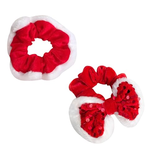 2 Stück Rote Weihnachten Haargummi Haar Seil Gummibänder Bobbles mit Schleife und weißem Fell als Haarschmuck Weihnachten Haarbänder Haargummi Haargummis Pferdeschwanz Halter für Frauen Mädchen von PORUPAEL