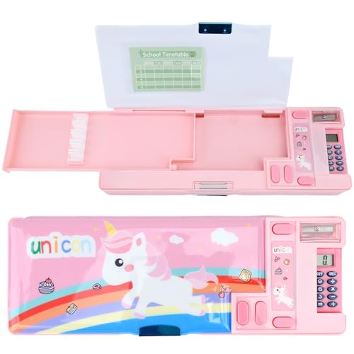 PORUPAEL Pop-Up-Multifunktions-Federmäppchen, Federmäppchen, niedliches Cartoon-Design, Organizer, Schreibwaren mit Taschenrechnern, Spitzer, Zeitplan, Schulbedarf, rose, Schule von PORUPAEL